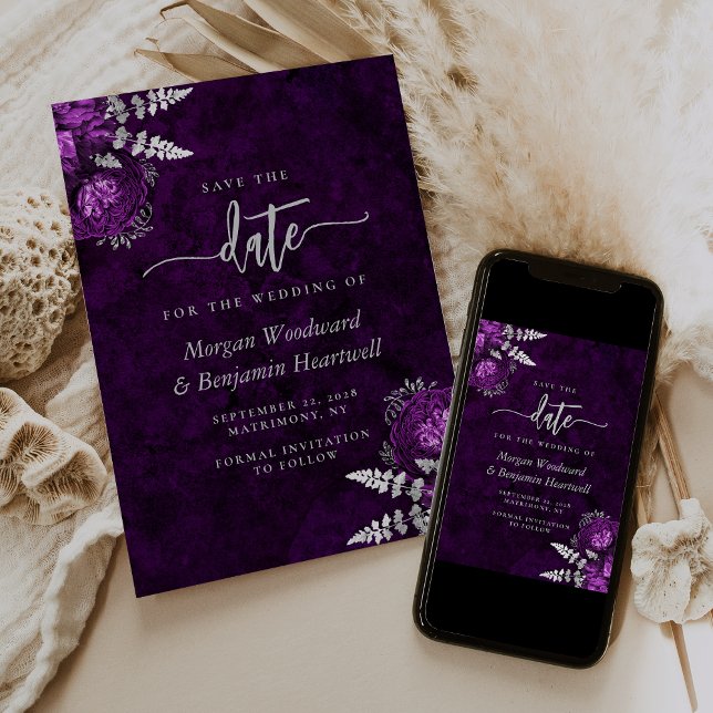 Invitación Moda Plum Plata Boda Floral Guardar la fecha (Subido por el creador)