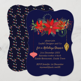 Invitación Moda Poinsettia Navidades Blue Red Gold Moderno