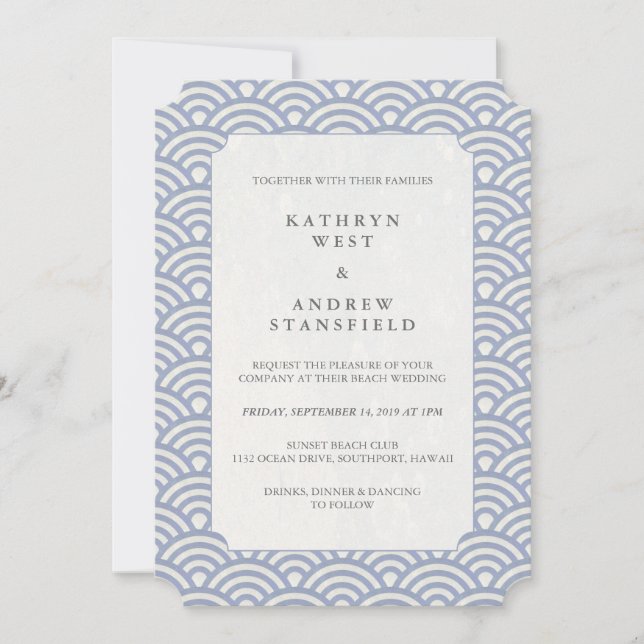 Invitación Moda Polvo Azul Estilizado Waves Beach Wedding (Anverso)