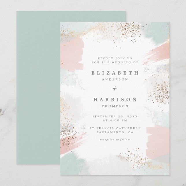 Invitación Moda Polvo dorado y pincel pintoresco Boda (Anverso / Reverso)