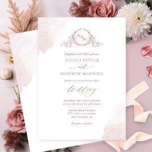 Invitación Moda Polvo Rosa Agua manchas Monograma Boda