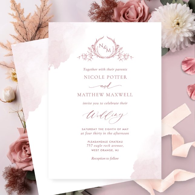 Invitación Moda Polvo Rosa Agua manchas Monograma Boda (Subido por el creador)