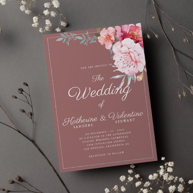 Invitación Moda polvorienta menta rosa escritura formal boda  (Chic dusty pink mint formal script floral wedding )