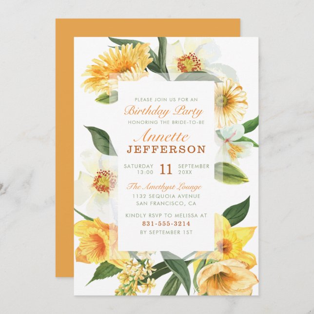Invitación Moda Primavera Amarilla Anemones Fiesta de cumplea (Anverso / Reverso)