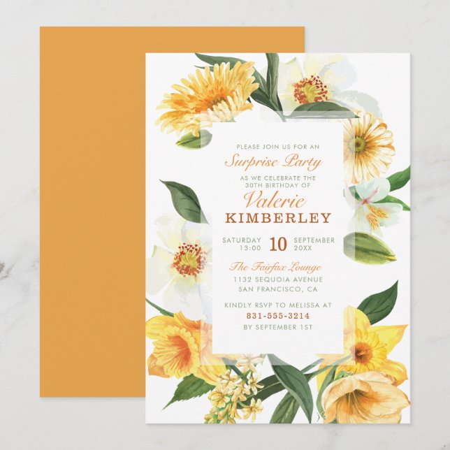 Invitación Moda Primavera Amarilla Daisies Fiesta Floral Surp (Anverso / Reverso)