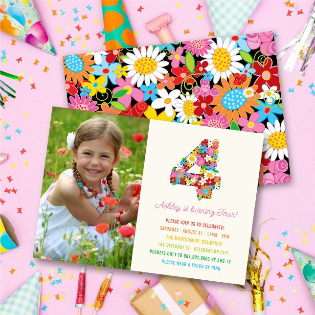Invitación Moda Primavera Flores Jardín Foto Chica 4 cumpleañ (Chic Colorful Whimsical Spring Flowers Garden Photo Girl 4th Birthday Party Invitation @ fatfatin)