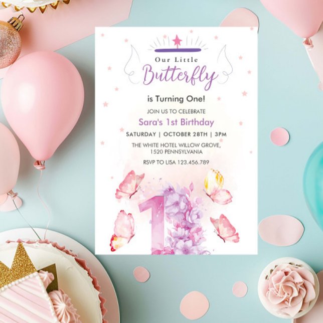 Invitación Moda Primer cumpleaños Morado Floral y Mariposa (Subido por el creador)