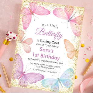 Invitación Moda Primer primer cumpleaños Purpurina mariposa c