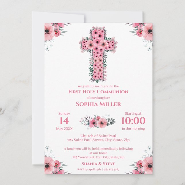 Invitación Moda Primero Chica de la Santa Comunión Cruz de Fl (Anverso)