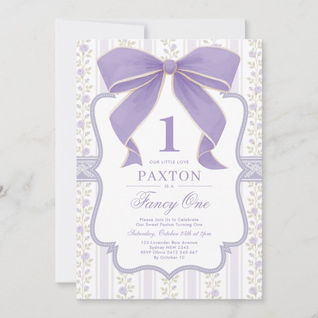 Invitación Moda Purple Bow Fancy One Love Shack Primer cumple (Anverso)