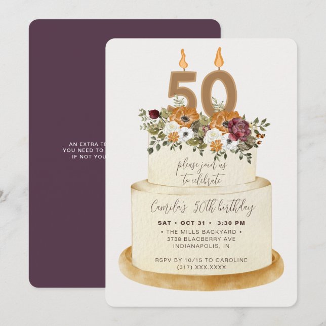 Invitación Moda Purple Fall Otoño 50 cumpleaños Pastel de cum (Anverso / Reverso)