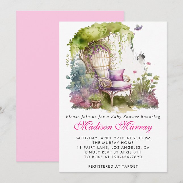 Invitación Moda Purple Floral Flor Presidenta Baby Shower (Anverso / Reverso)