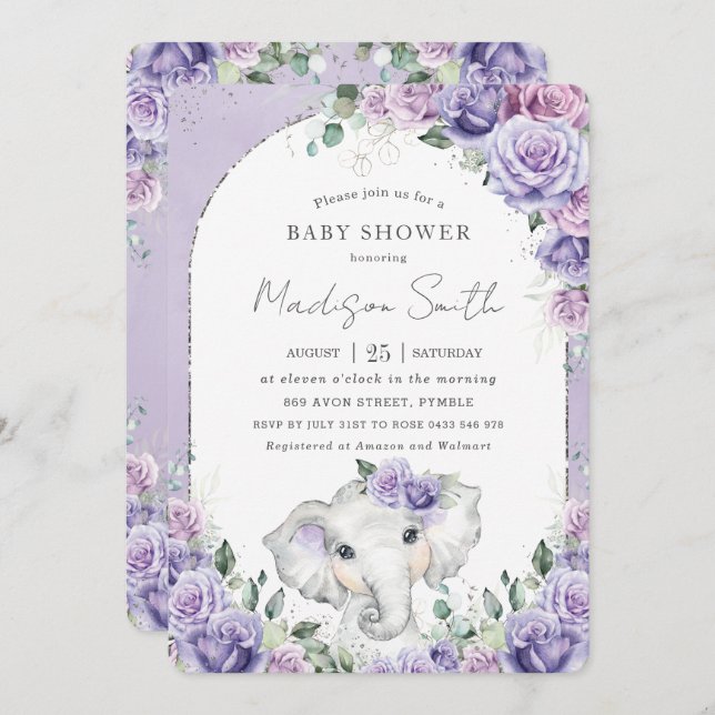 Invitación Moda Purple Lilac Floral Elephant Baby Shower (Anverso / Reverso)