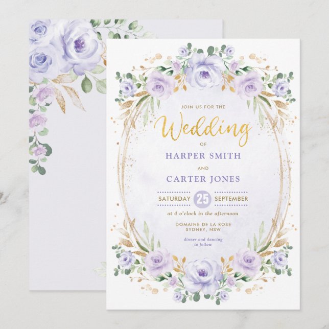 Invitación Moda Purple Lilac Gold Floral Garden Wedding (Anverso / Reverso)