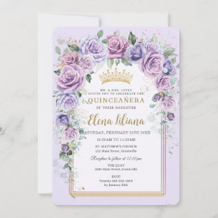 Invitación Moda Purple Lilac Lavender Floral Oro Quinceañera