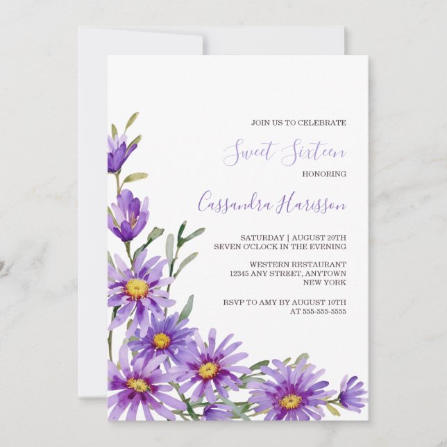 Invitación Moda Púrpura Aster Floral Verdor Cumpleaños (Anverso)