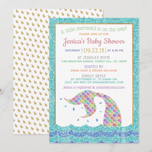 Invitación Moda Purpurina arcoiris Mermaid Baby Shower (Anverso / Reverso)