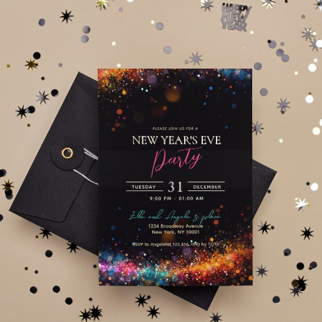 Invitación Moda Purpurina arcoiris negro Fiesta de Nochevieja (Subido por el creador)