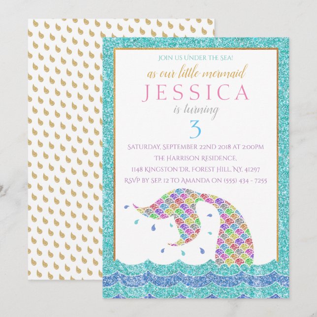 Invitación Moda Purpurina Arcoiris Sirena Cualquier Cumpleaño (Anverso / Reverso)