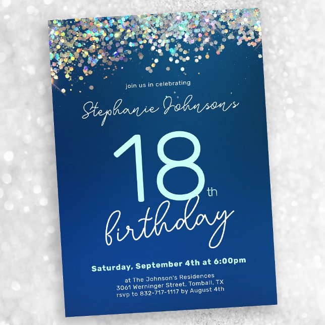 Invitación Moda Purpurina Azul 18ª fiesta de cumpleaños (Chic Blue Glitter 18th Birthday Party Invitation)