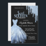 Invitación Moda Purpurina azul gotea vestido azul negro<br><div class="desc">Elegante vestido azul y purpurina azul gotea sobre un fondo negro.</div>