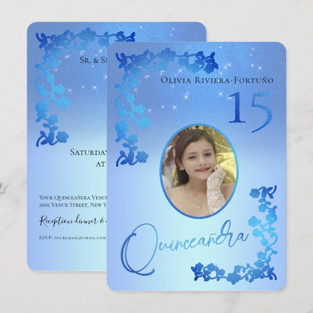 Invitación Moda Purpurina Azul Real Foto Floral Quinceanera (Anverso / Reverso)