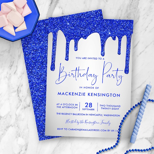 Invitación Moda Purpurina azul real gotea plata Cumpleaños (Subido por el creador)