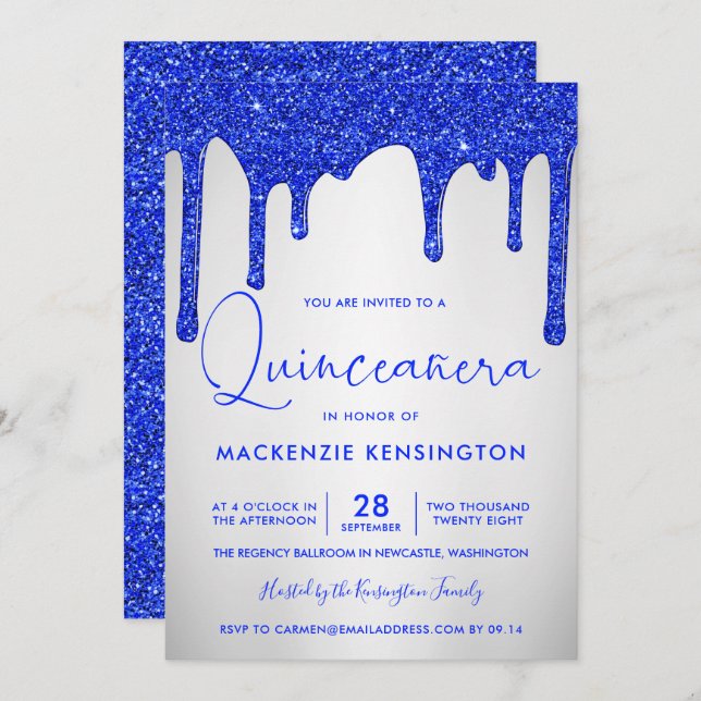 Invitación Moda Purpurina azul real gotea plata Quinceañera (Anverso / Reverso)
