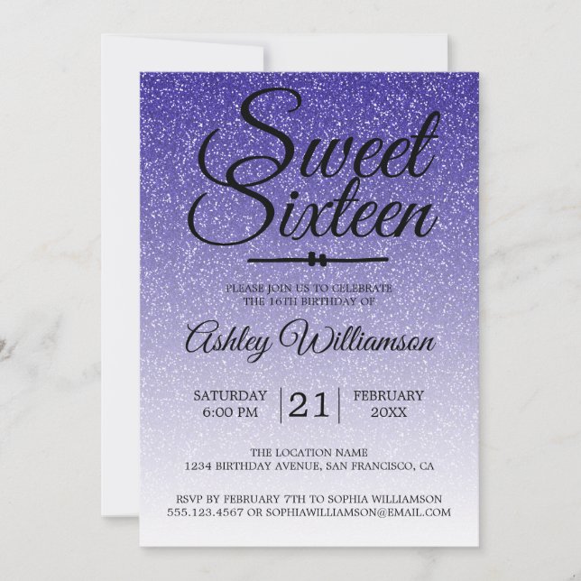 Invitación Moda Purpurina Azul Real Ombre Sweet 16 Cumpleaños (Anverso)