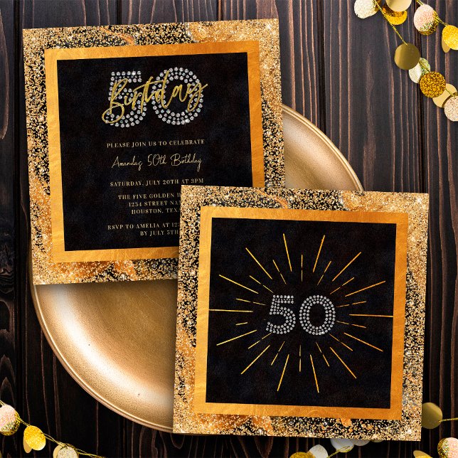 Invitación Moda Purpurina Black and Gold 50th Birthday Party (Front / Back)