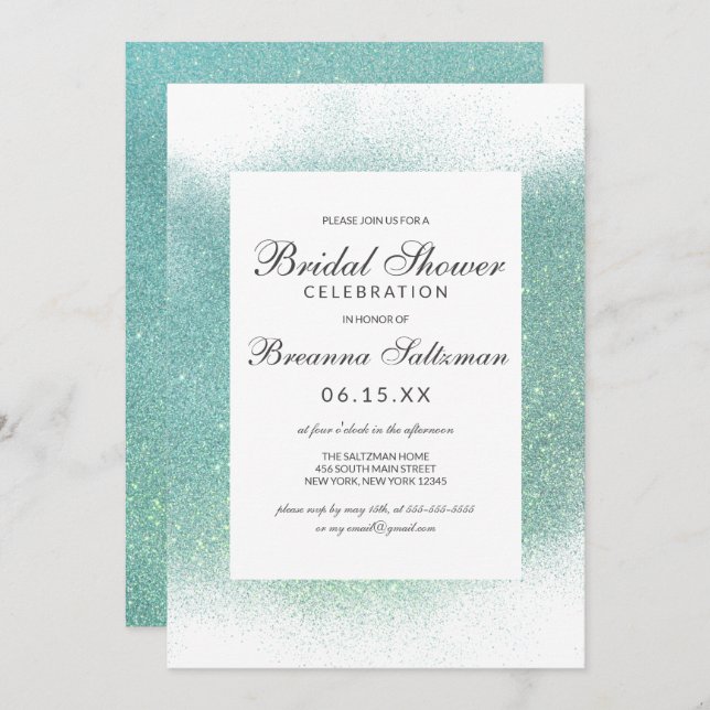 Invitación Moda Purpurina blanco Verde azulado ducha de novia (Anverso / Reverso)