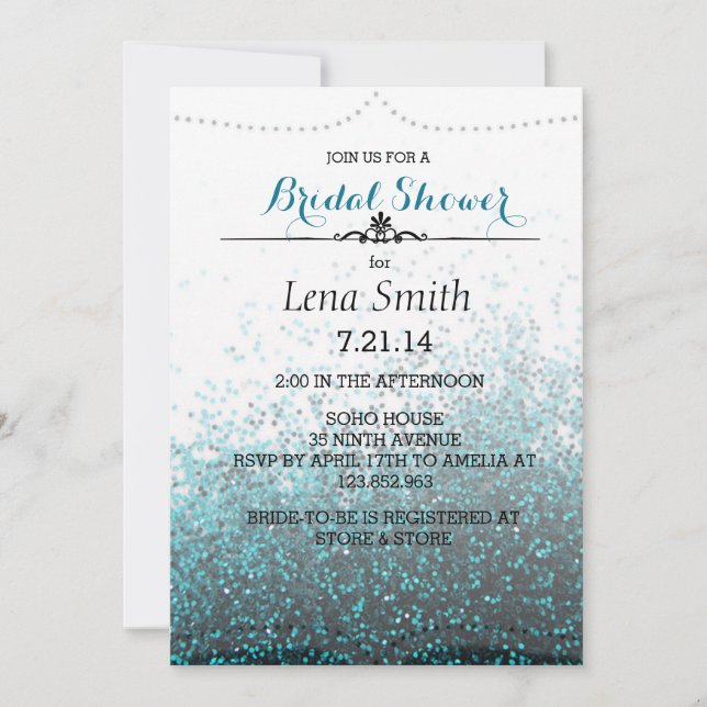 Invitación Moda Purpurina Blue Bridal Couple Ducha Invitada (Anverso)