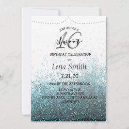 Invitación Moda Purpurina Blue Confetti Sweet 16 Cumpleaños