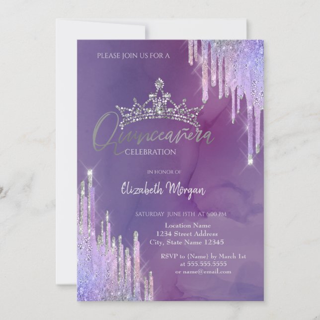 Invitación Moda Purpurina Corona Gota Violeta Quinceañera (Anverso)