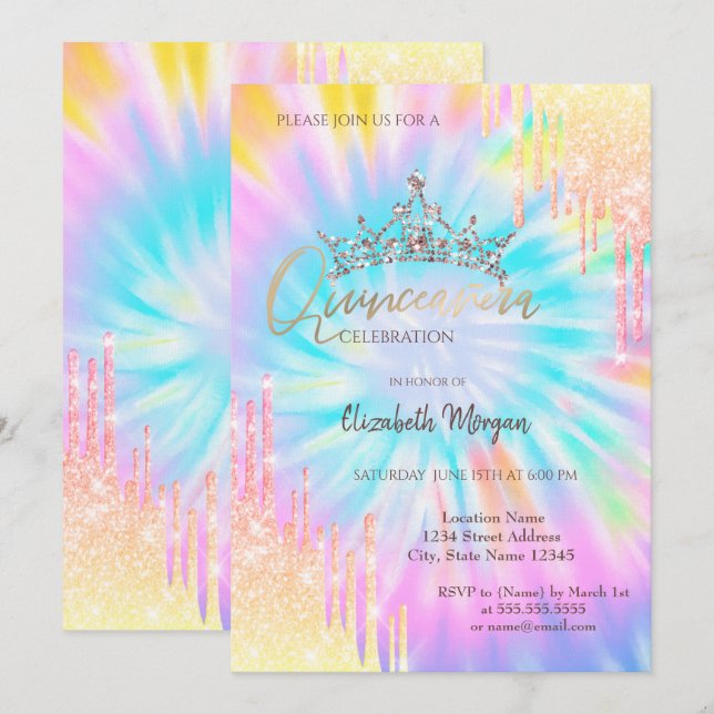 Invitación Moda Purpurina Crown Drop Tie Dye Quinceañera (Anverso / Reverso)