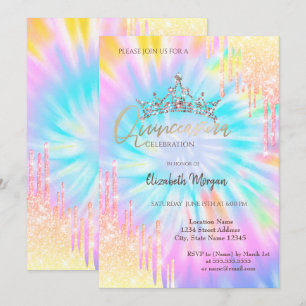 Invitación Moda Purpurina Crown Drop Tie Dye Quinceañera