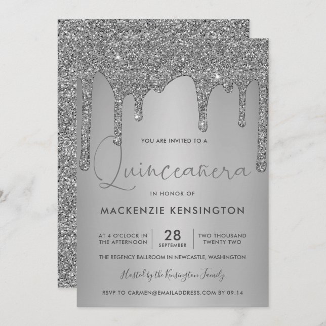 Invitación Moda Purpurina de espuma de plata gotea Quinceañer (Anverso / Reverso)