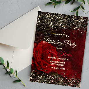 Invitación Moda purpurina de flores negras y rojas y doradas 