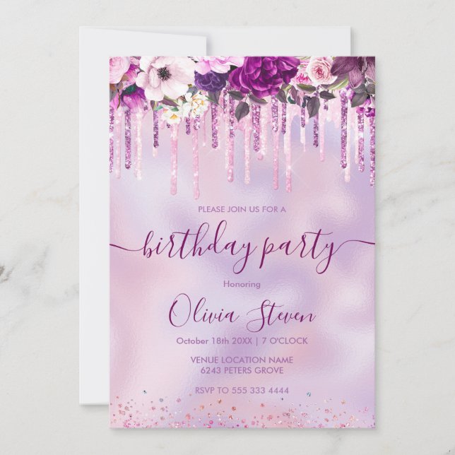 Invitación Moda purpurina de goteo morado rosa floral de cual (Anverso)