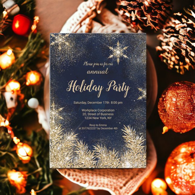 Invitación Moda purpurina de nieve Navidades de vacaciones co (Chic gold glitter snow Christmas corporate holiday Invitation)