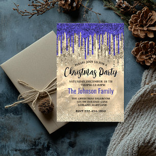 Invitación Moda purpurina de oro azul real gotea Navidades