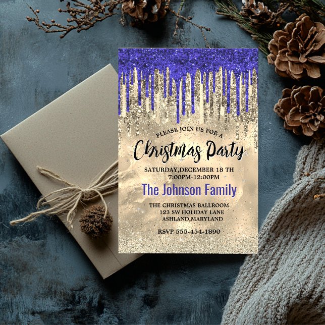 Invitación Moda purpurina de oro azul real gotea Navidades (Subido por el creador)