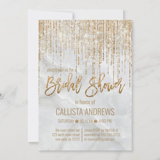 Invitación Moda Purpurina de oro blanco Pearl Marble Bridal S (Anverso)