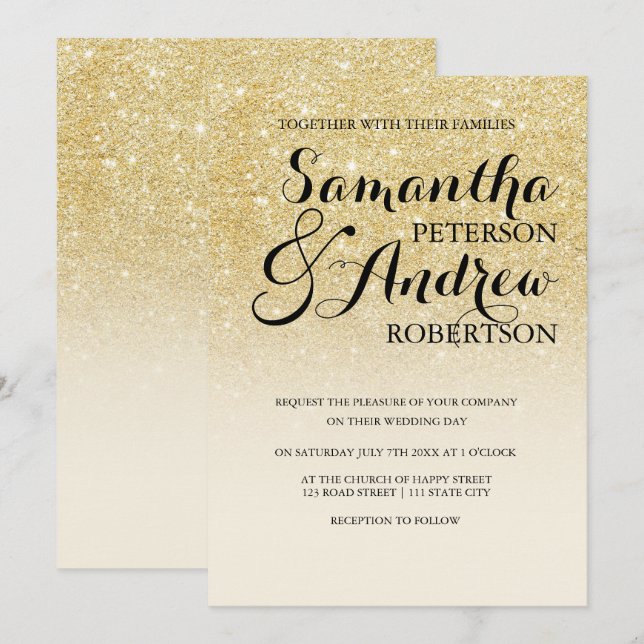 Invitación Moda purpurina de oro falso marfil boda blanco (Anverso / Reverso)