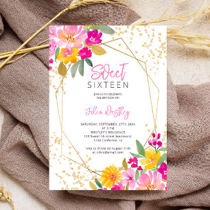 Invitación Moda purpurina de oro floral acuarela foto Sweet 1
