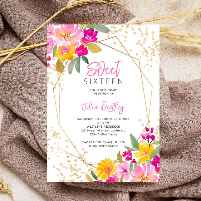 Invitación Moda purpurina de oro floral acuarela foto Sweet 1 (Garden bright hand painted floral watercolor Sweet 16 invitation)