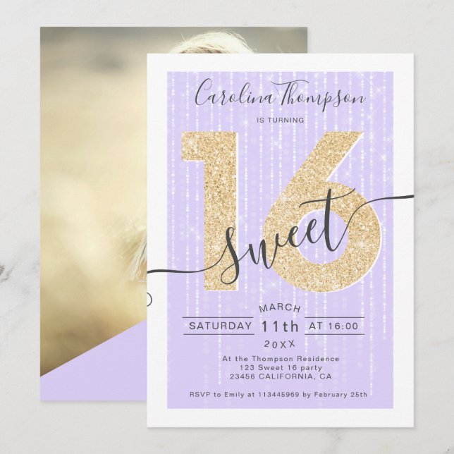 Invitación Moda purpurina de oro guión lavender Sweet 16 foto (Anverso / Reverso)