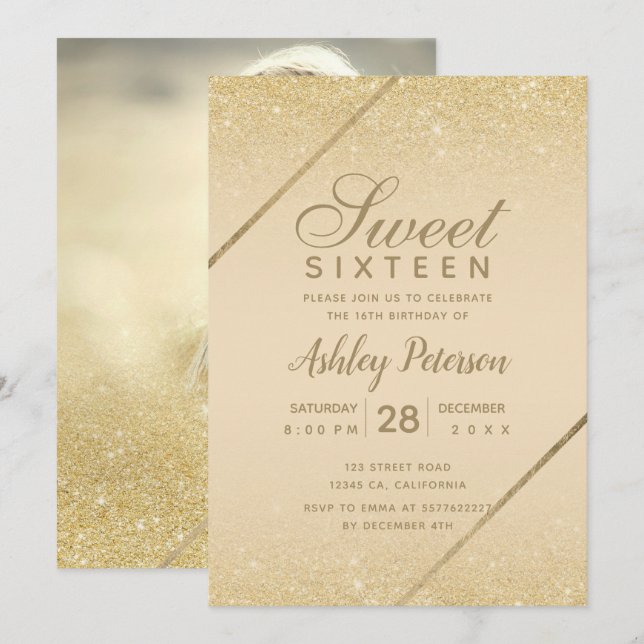 Invitación Moda purpurina de oro guión marfil foto Sweet 16 (Anverso / Reverso)