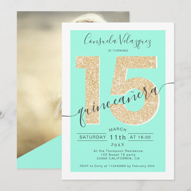 Invitación Moda purpurina de oro guión menta quinceanera foto (Anverso / Reverso)