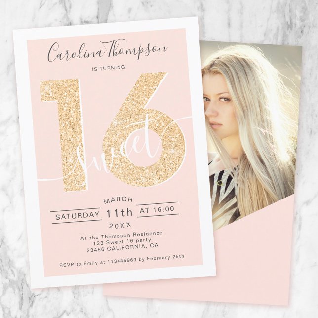 Invitación Moda purpurina de oro guión rubor Sweet 16 foto (Subido por el creador)